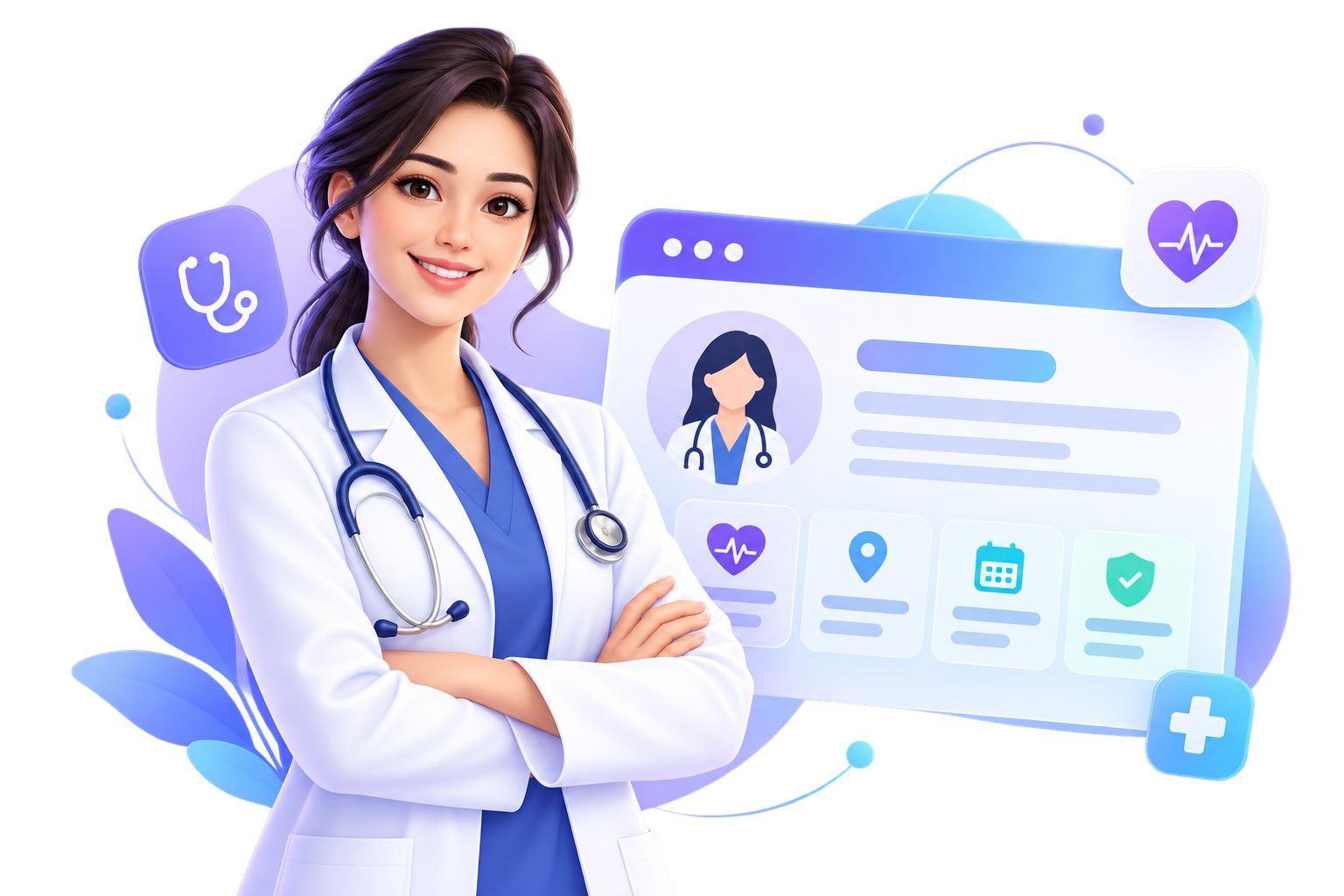 Fictional illustrated female doctor beside a digital medical profile