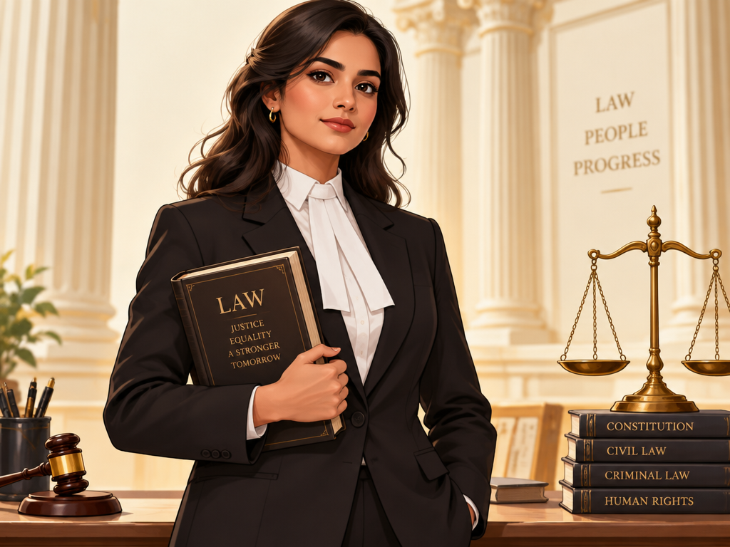 Illustration of a fictional advocate holding a law book