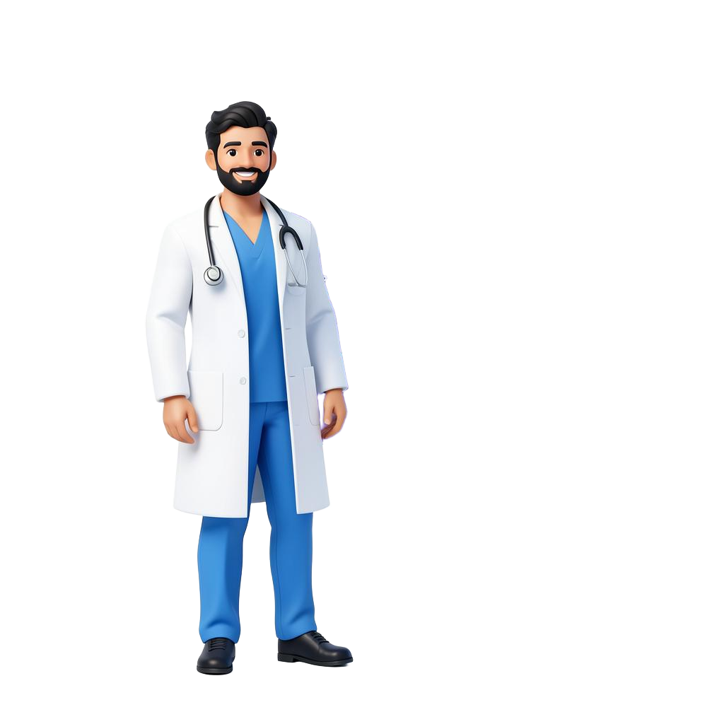 Fictional illustrated doctor beside an online profile dashboard